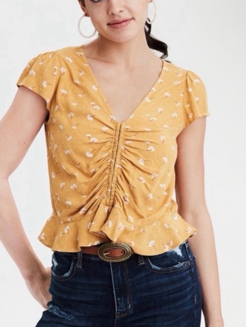 American Eagle Outfitters Mustard Yellow Floral Ruched V-Neck Blouse